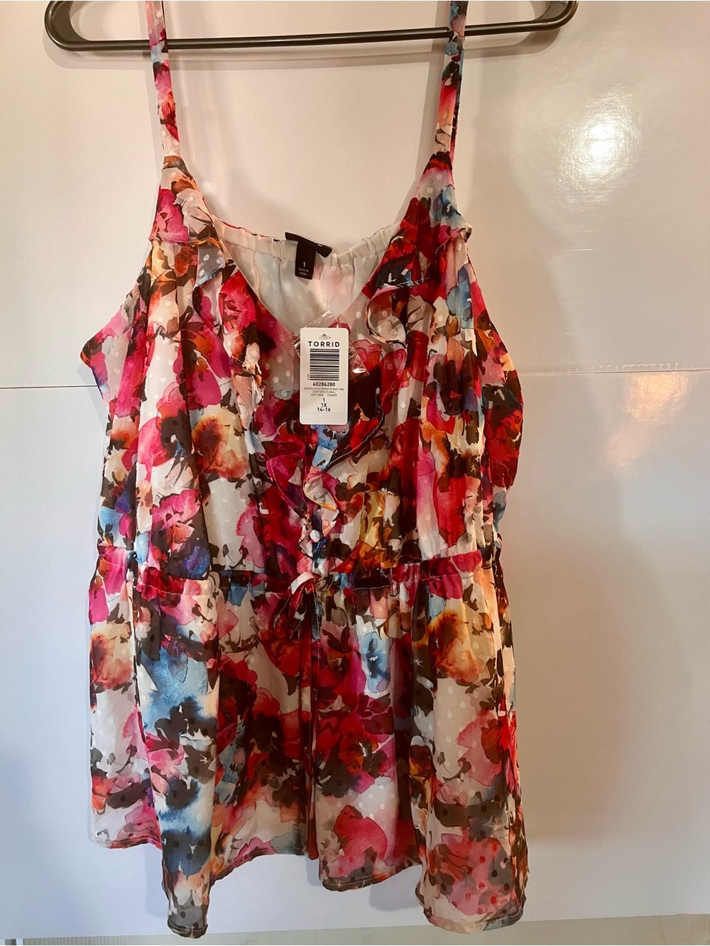 torrid Multicolor Floral Ruffle Tie-Waist Cami in Pink, Red, Blue